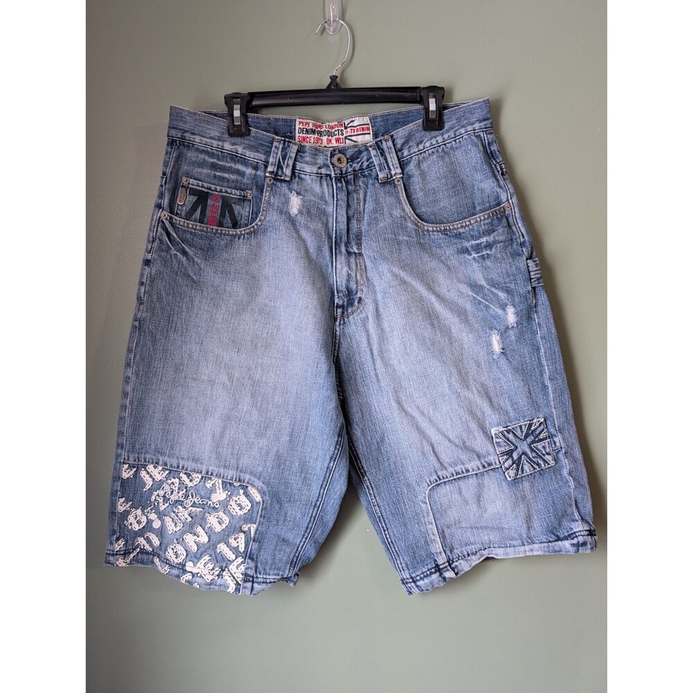 Pepe Jeans Shorts Mens 36 Baggy Y2K Denim Distressed Skater HipHop Denim